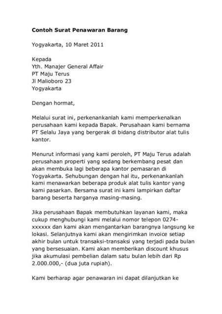 contoh surat penawaran keperluan kantor