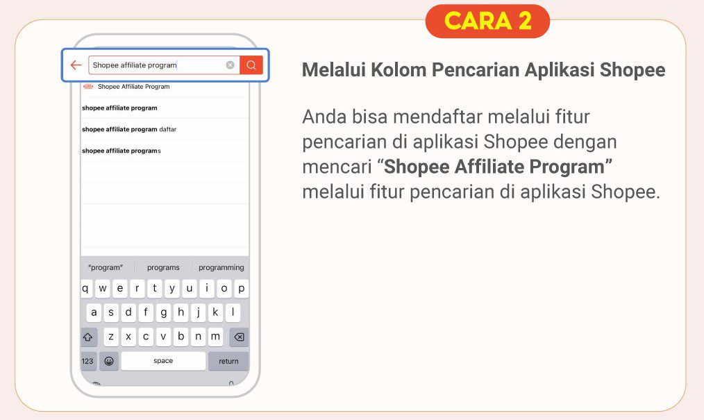 Cara mendaftar shopee affiliate dari fitur pencarian di aplikasi Shopee 