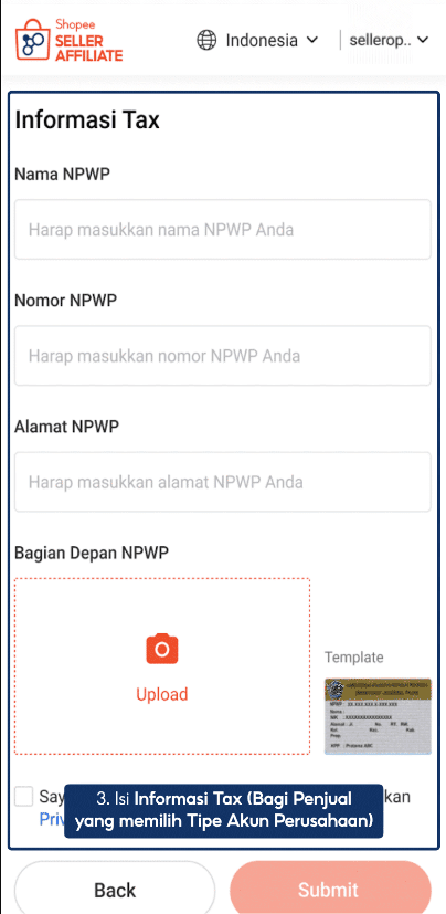 isi informasi npwp bisnis untuk shopee affiliate