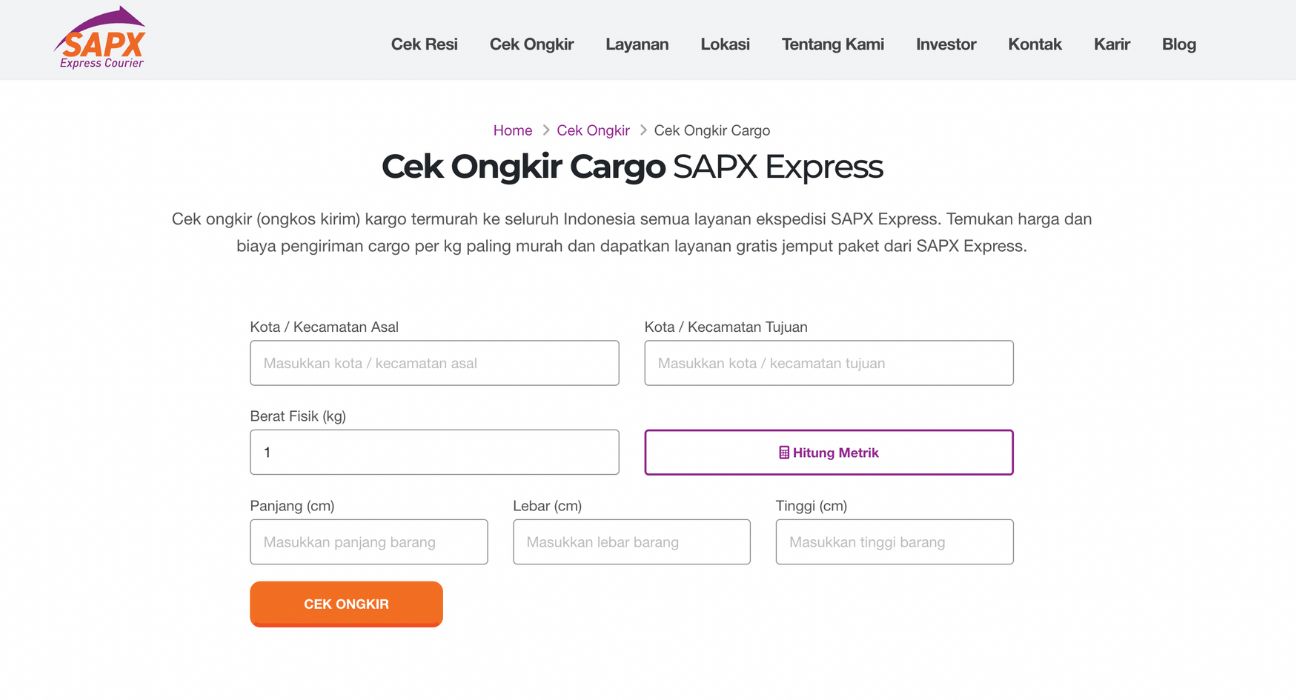 cara mengecek ongkir kargo sapx express